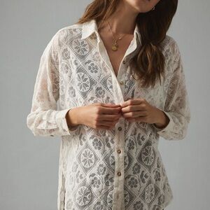 Pilcro White Lace Button-Up Blouse- XS